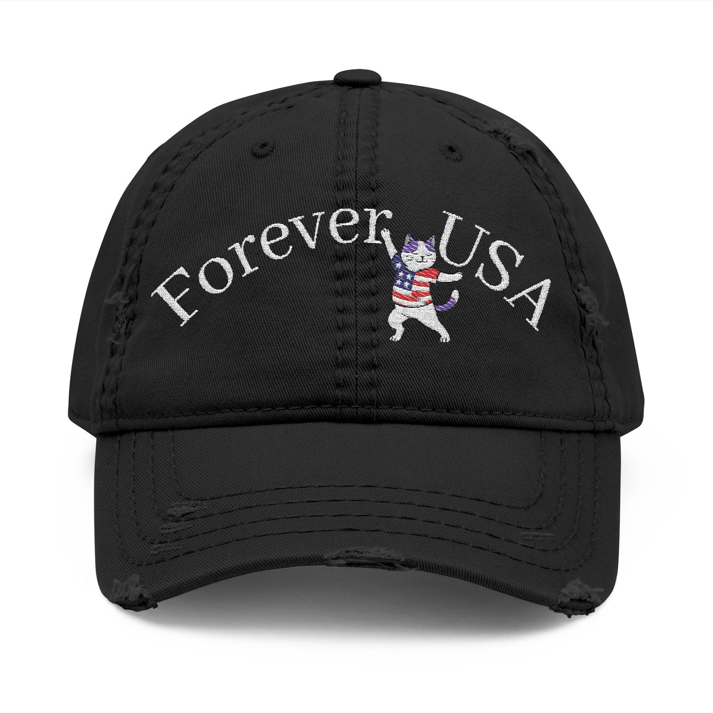 4th of July Embroidery Hat Distressed Cat Dad Hat - Forever USA, Vintage Adjustable Cap for Pet Lovers, Casual Outdoor Wear, Gift for Father's Day, Independence Day