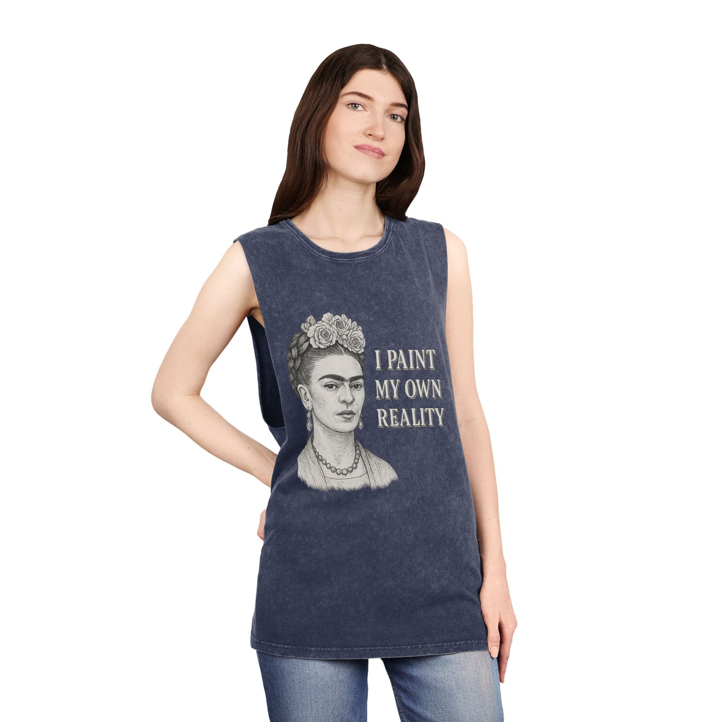 Frida Kahlo Inspirational Stonewash Tank Top, Unisex Graphic Muscle Shirt, Art Lover Gift, Bohemian Summer Top, Creative Reality Apparel