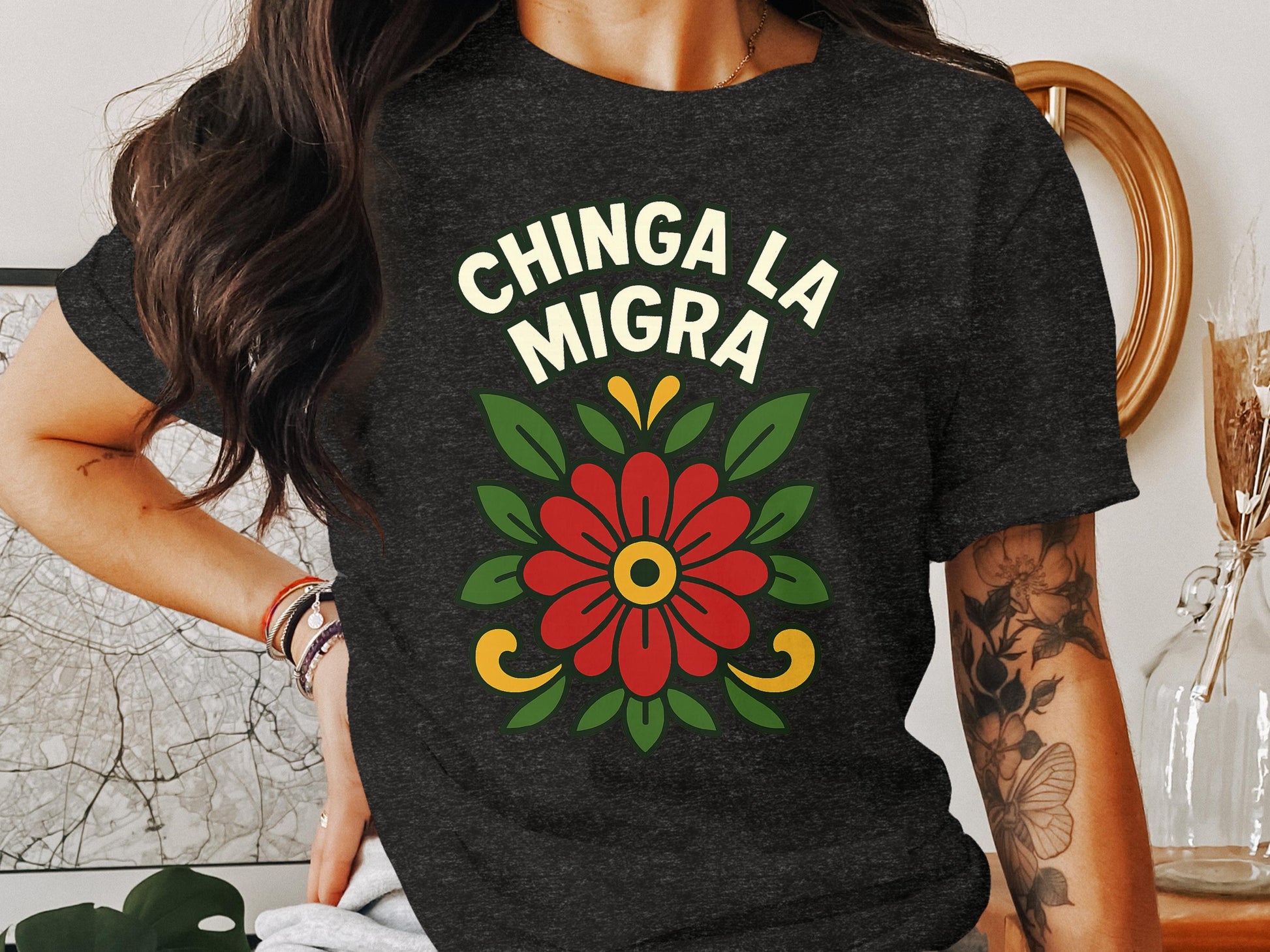 Chinga La Migra Graphic Floral Design T-shirt product
