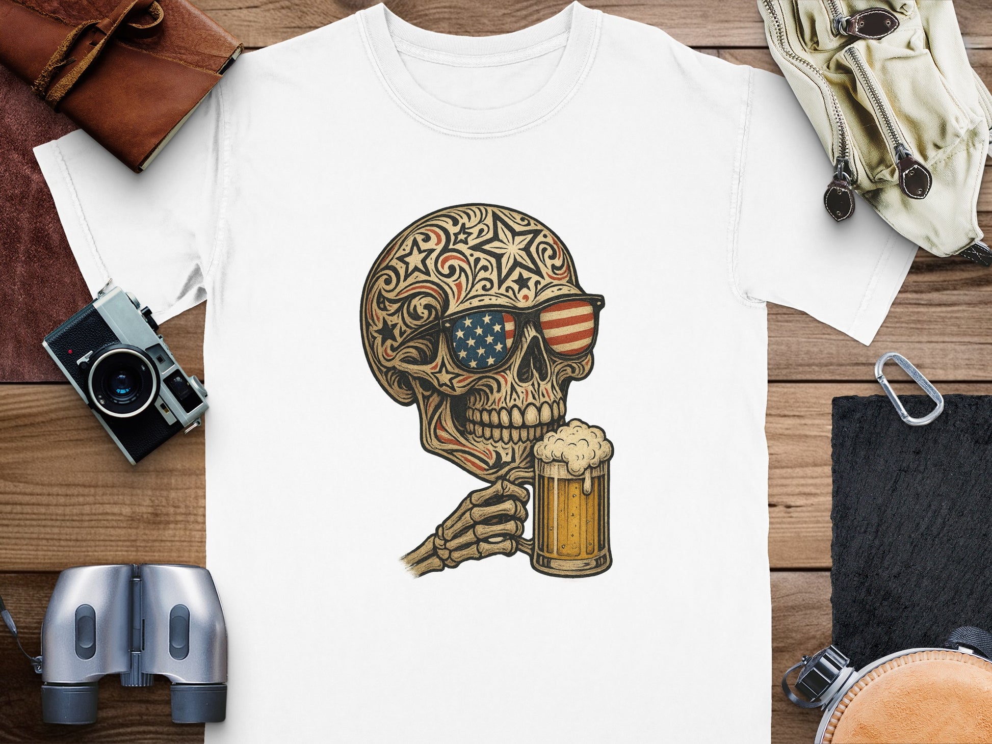 Patriotic Skull Drinking Beer Graphic Tee product type