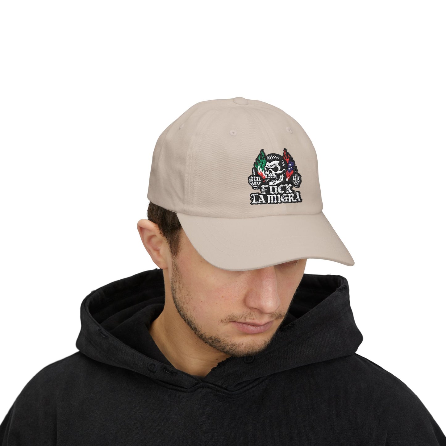 Fuck La Migra Anti Trump Embroidered Hat, FDT, Chinga Tu Maga Classic Dad Cap with Skull Design, Adjustable Hat for Casual Wear, Unique Gift for Dads, Birthday, or Holiday Use