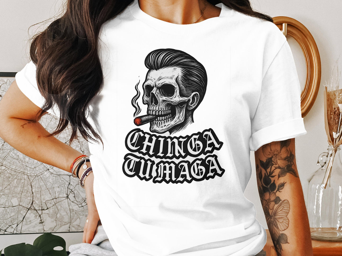 Chinga Tu Maga Skull with Cigar Print T-shirt product