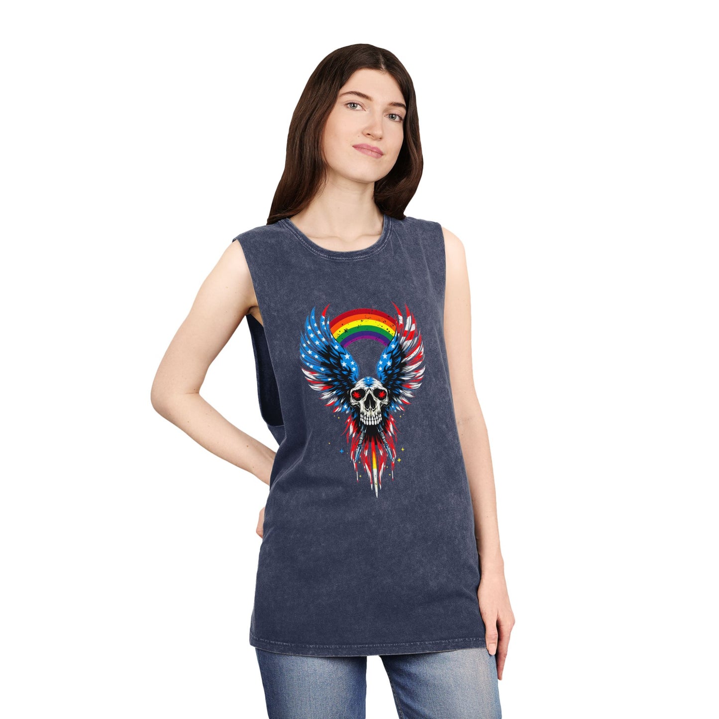 Pride Tank Top Unisex Skull & Wings Stonewash Tank Top | Grunge Style, Summer Essential, Music Festival, Casual Wear, Gift for Him/Her