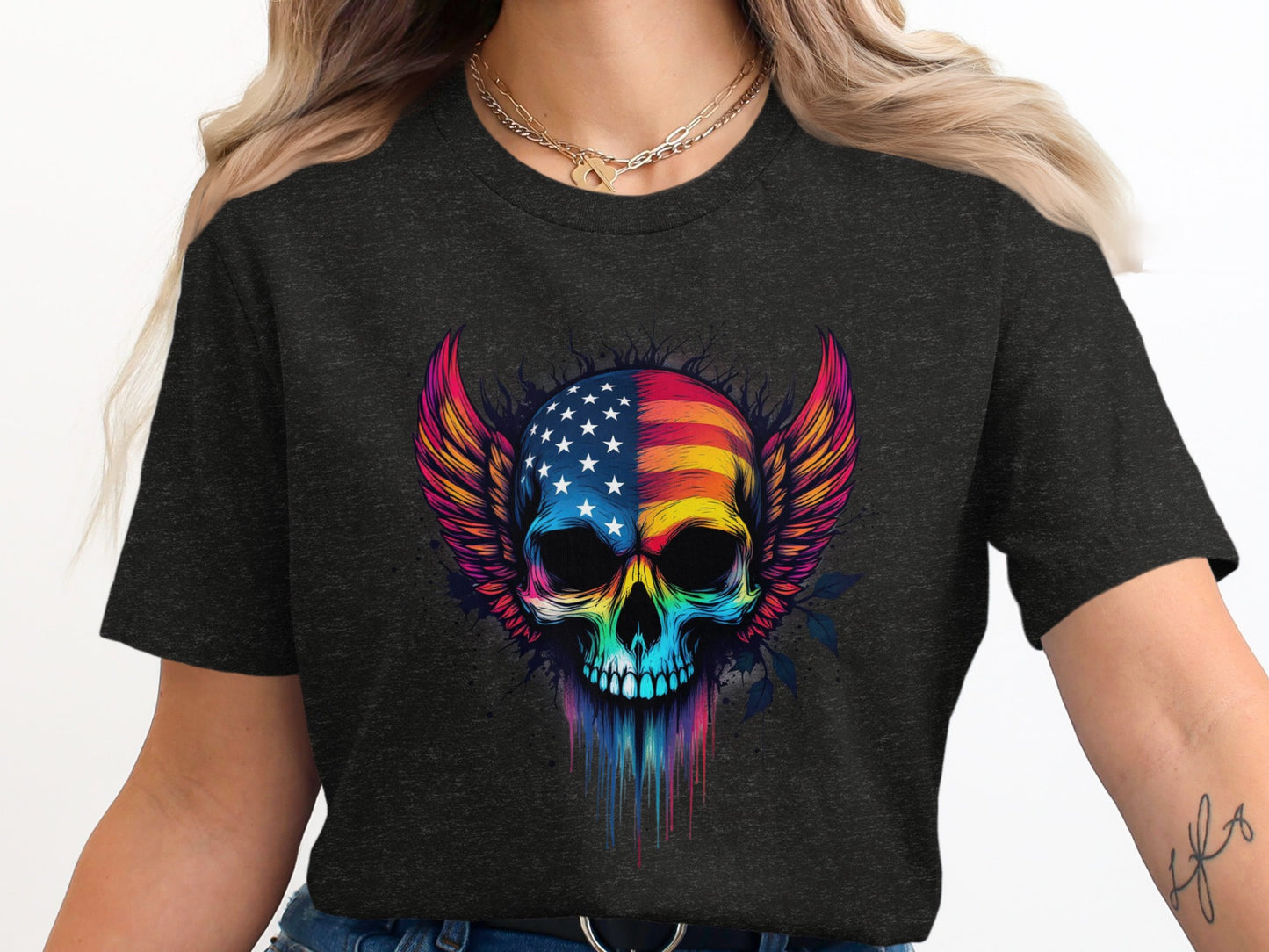 Grunge Skull with Colorful American Flag T-Shirt product