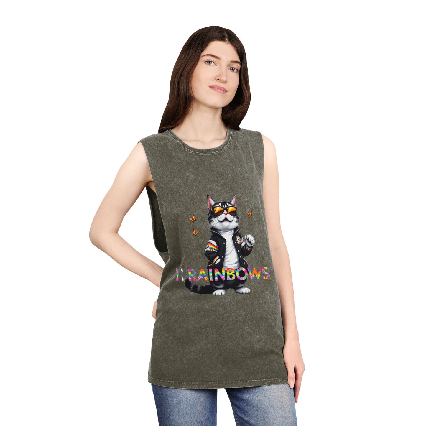 Unisex Stonewash Tank Top - Cute Cat with 'I Love Rainbows' Design