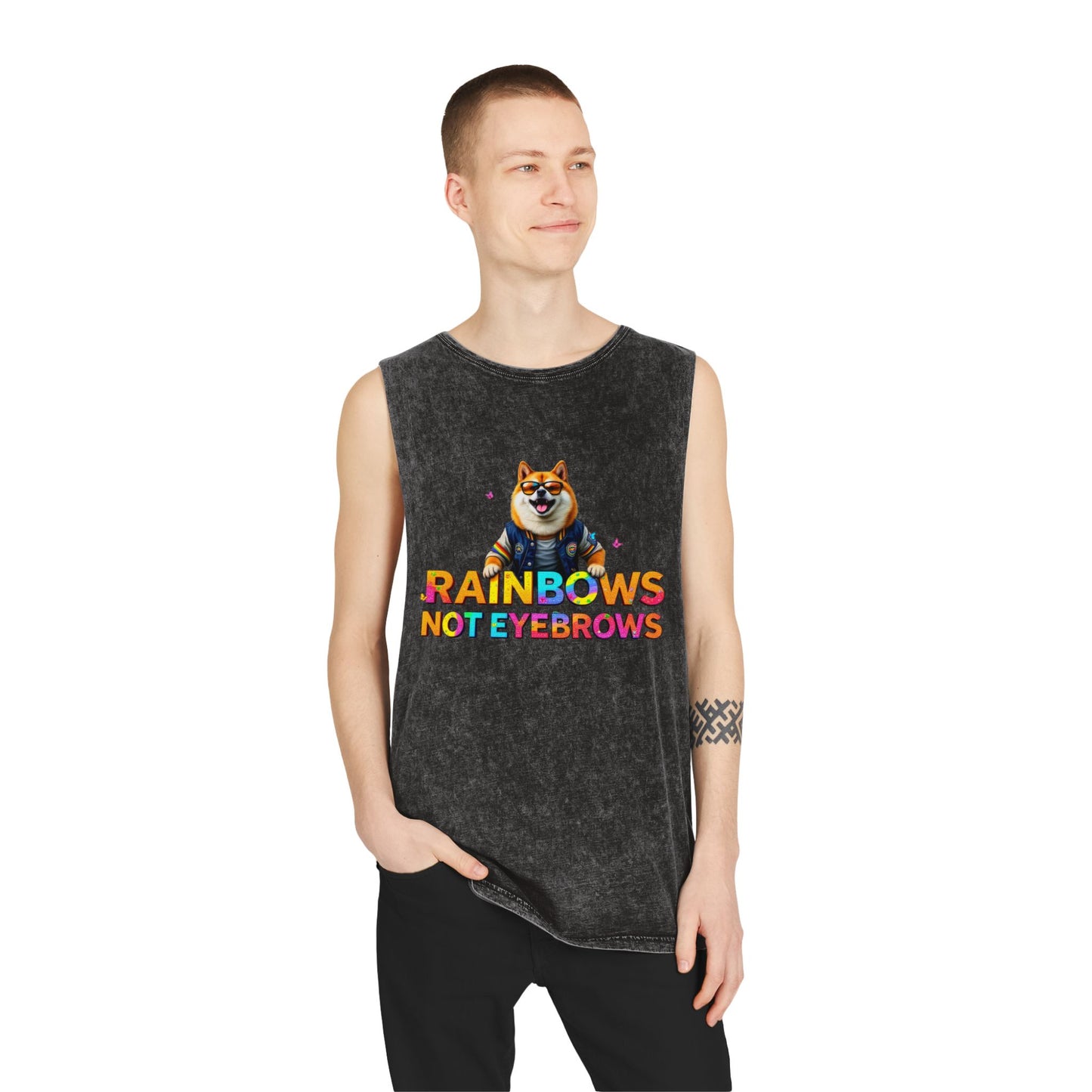 Unisex Stonewash Tank Top - 'Rainbows Not Eyebrows' Graphic Tee