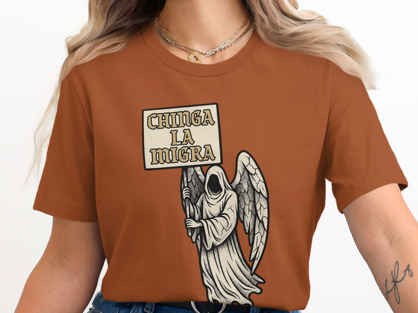 Chinga La Migra Angel Holding Sign T-Shirt product type