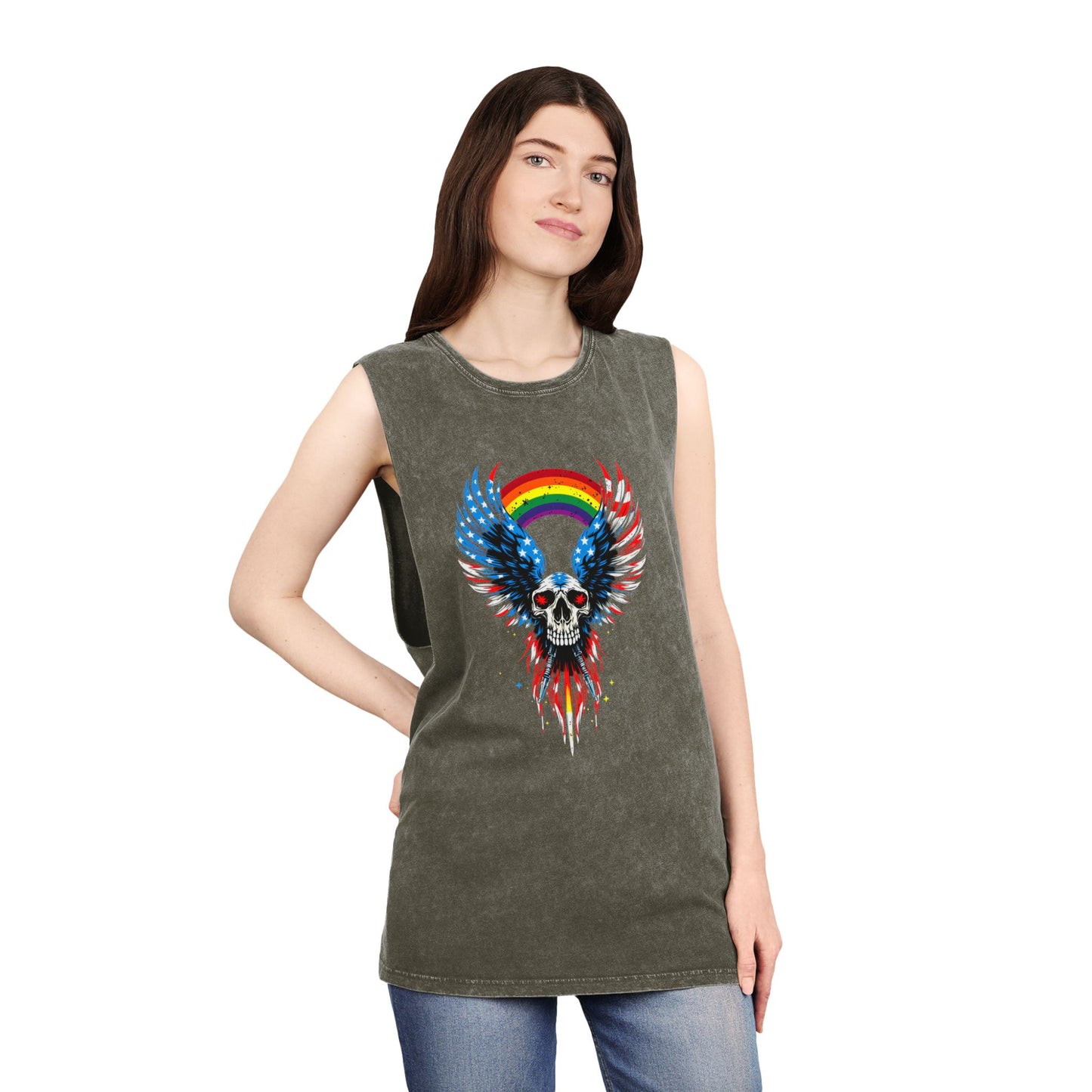 Pride Tank Top Unisex Skull & Wings Stonewash Tank Top | Grunge Style, Summer Essential, Music Festival, Casual Wear, Gift for Him/Her