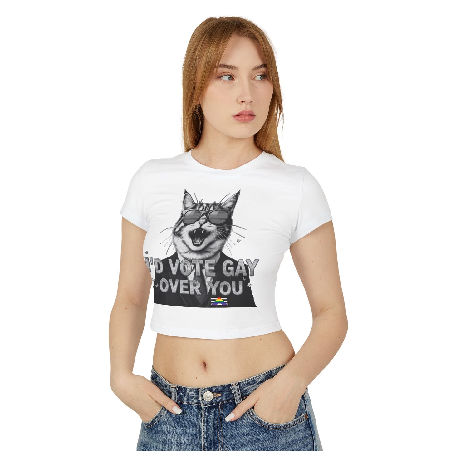 Vote Gay Cat Women's Baby Tee - Fun LGBTQ+ Pride Shirt