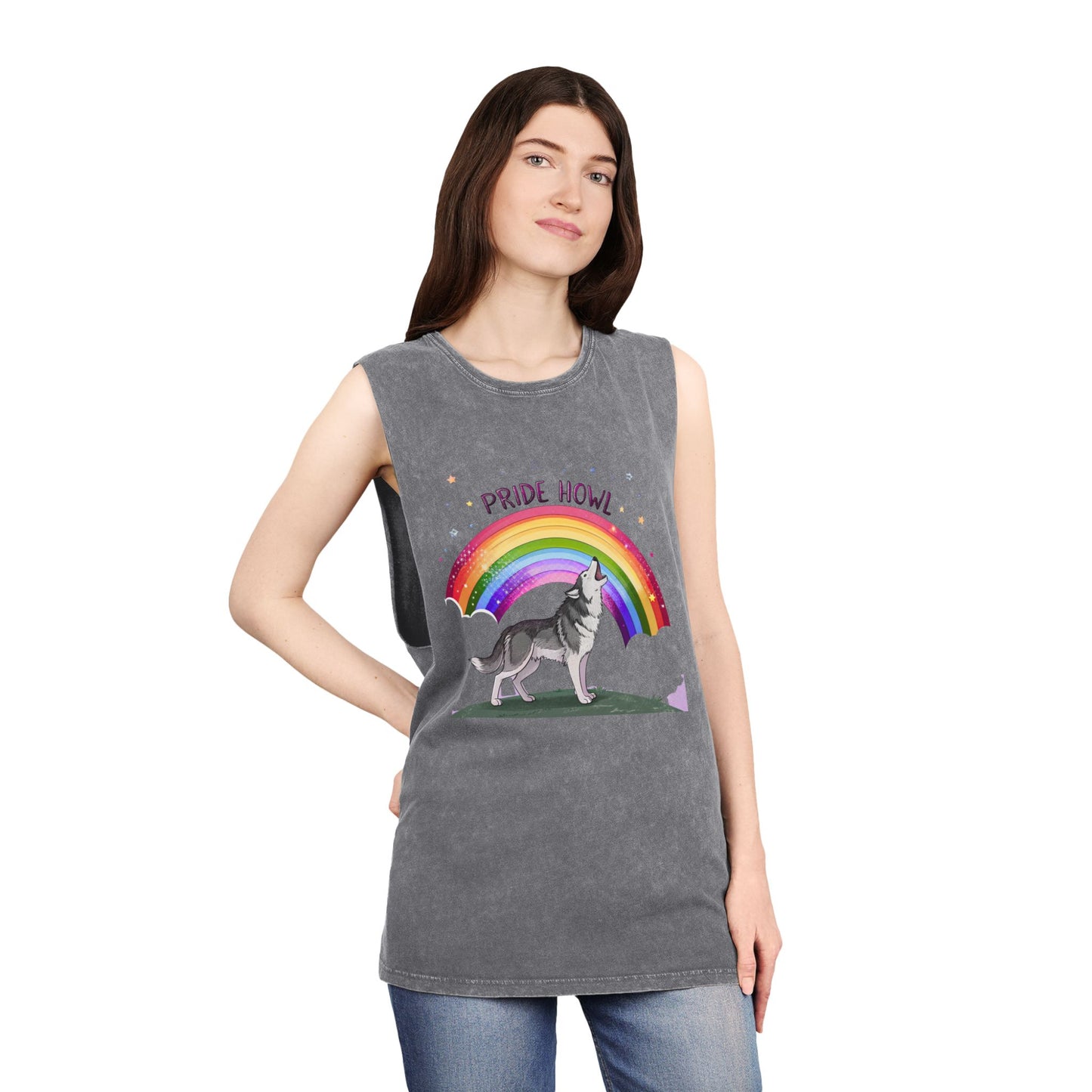 Pride Howl Unisex Stonewash Tank Top - Rainbow Husky Design