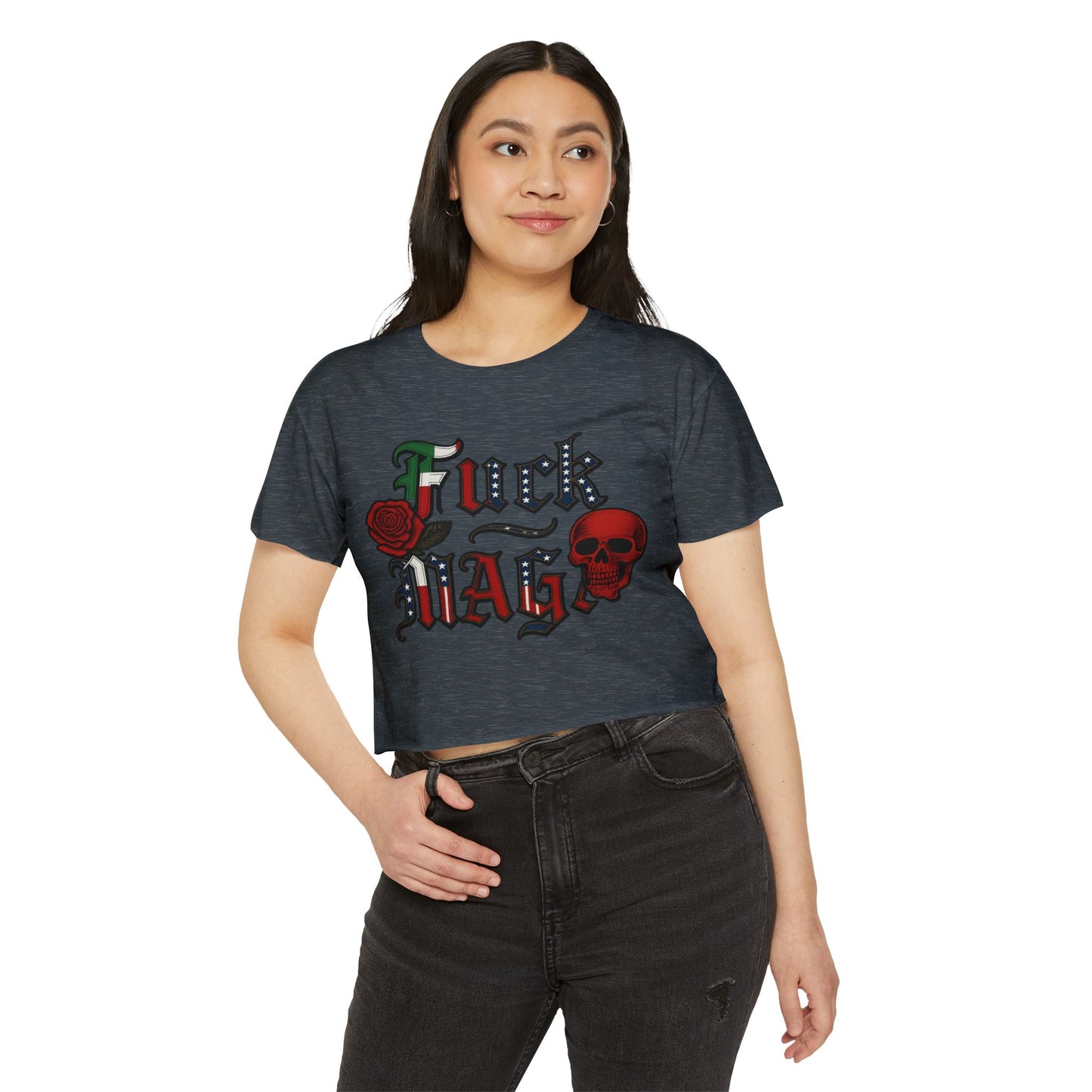 Crop Top Anti Trump FDT - Women's Festival Crop Top with Skull and Rose Design, Edgy Crop Tee, Summer Fest Outfit, Alternative Style Top, Concert Attire