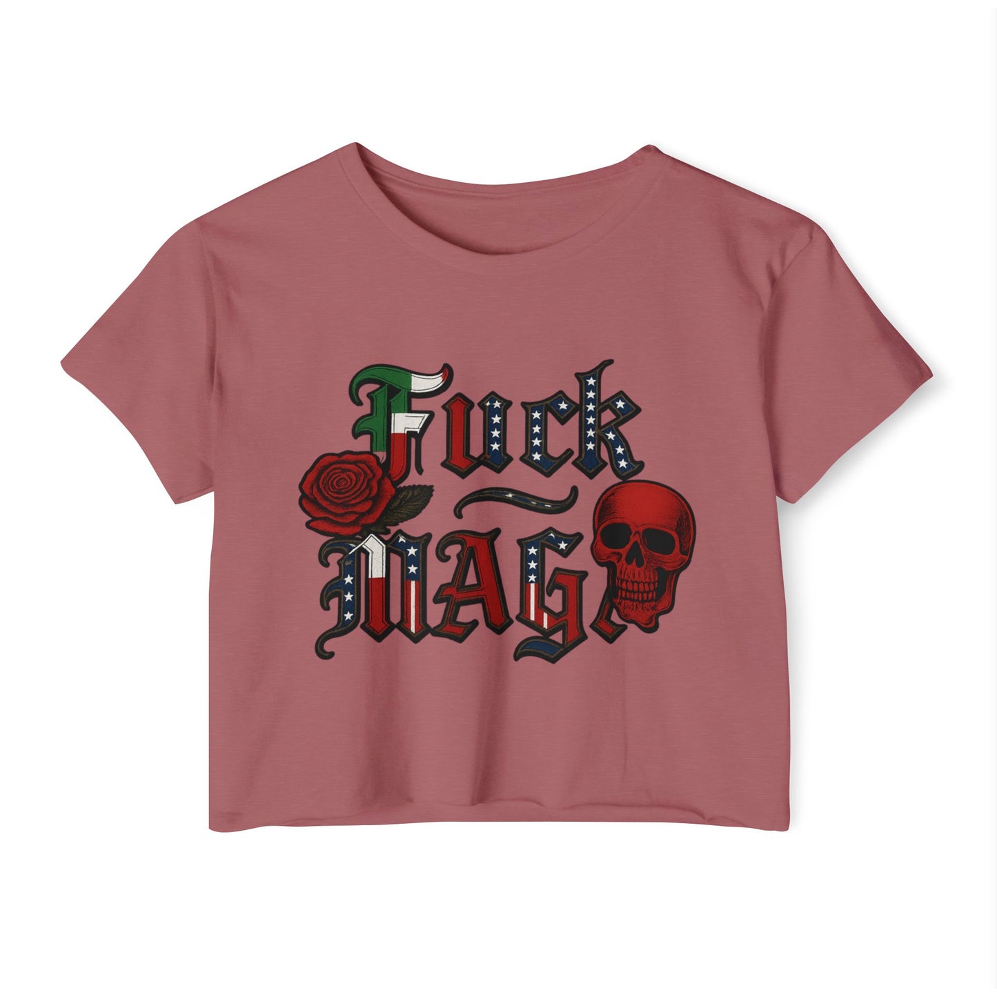 Crop Top Anti Trump FDT - Women's Festival Crop Top with Skull and Rose Design, Edgy Crop Tee, Summer Fest Outfit, Alternative Style Top, Concert Attire
