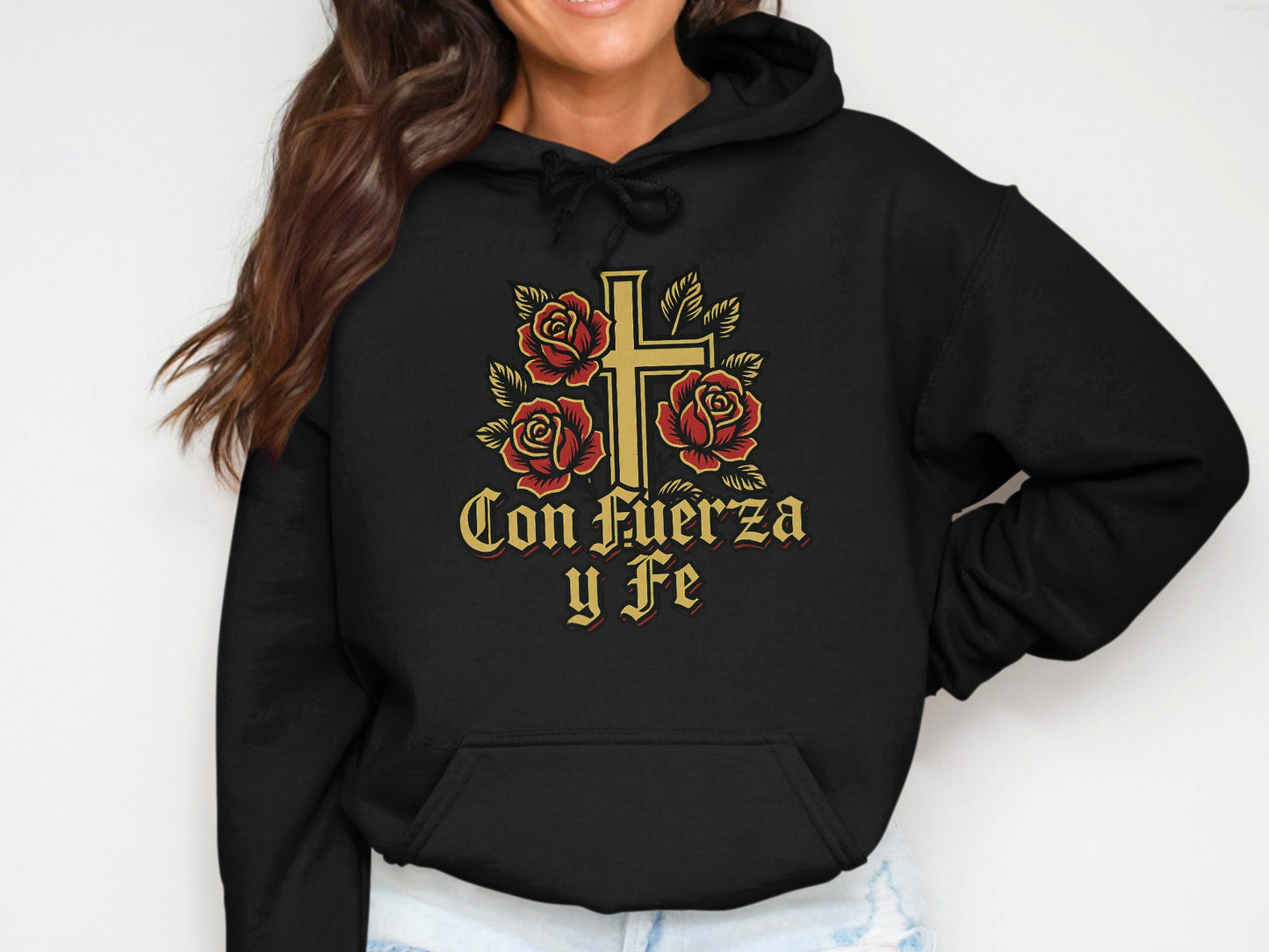 Con Fuerza y Fe Floral Cross Printed Hoodie product