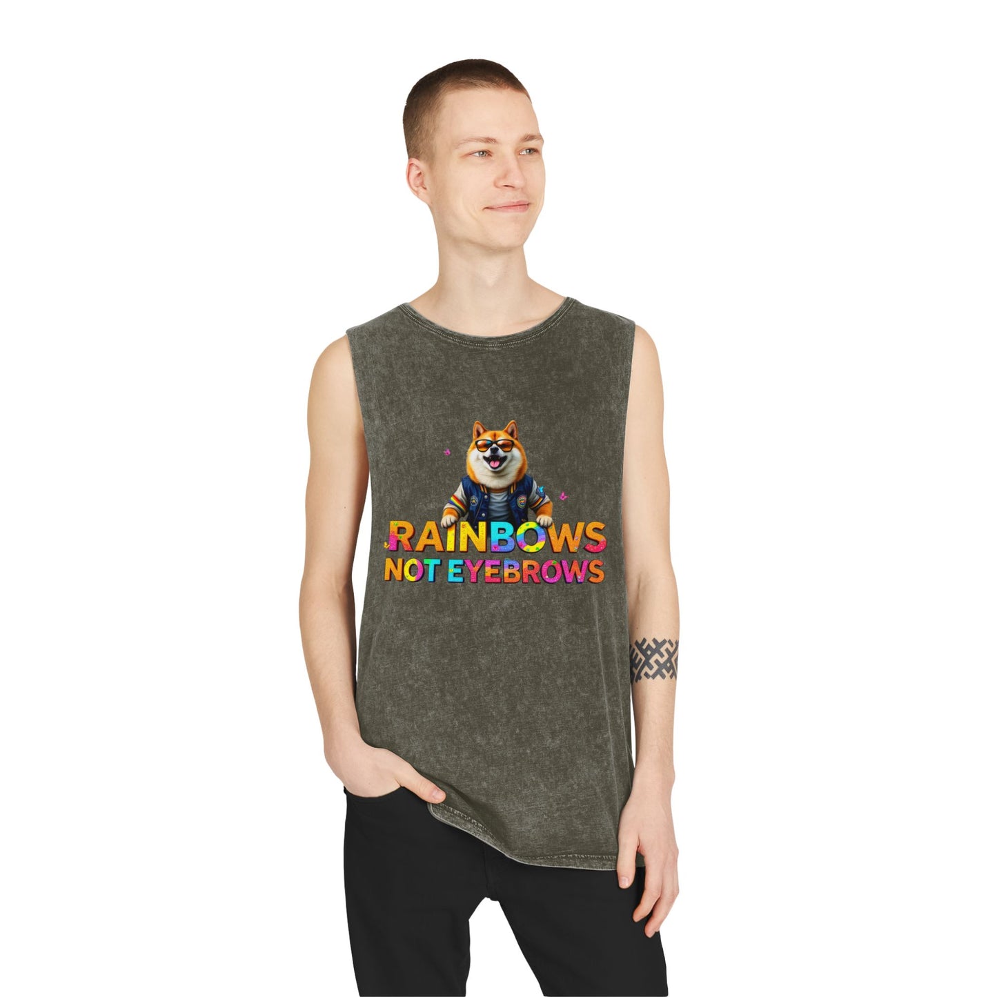Unisex Stonewash Tank Top - 'Rainbows Not Eyebrows' Graphic Tee
