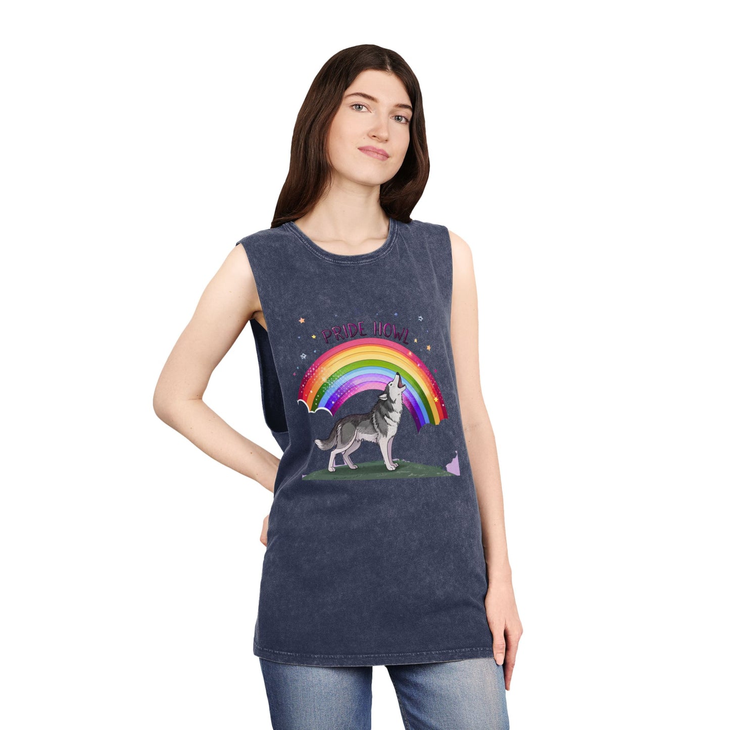 Pride Howl Unisex Stonewash Tank Top - Rainbow Husky Design