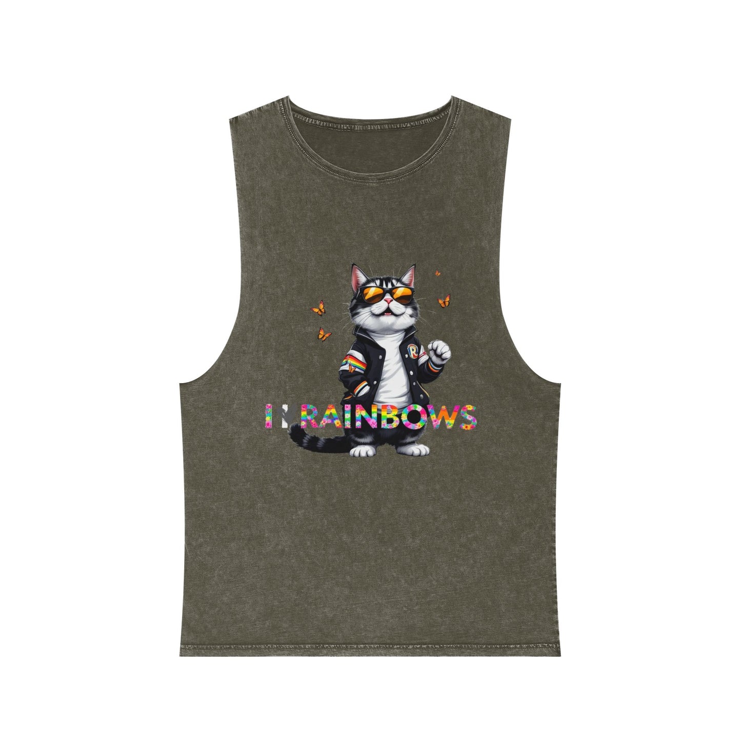 Unisex Stonewash Tank Top - Cute Cat with 'I Love Rainbows' Design