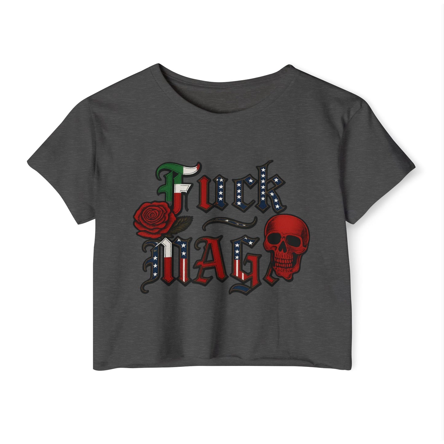 Crop Top Anti Trump FDT - Women's Festival Crop Top with Skull and Rose Design, Edgy Crop Tee, Summer Fest Outfit, Alternative Style Top, Concert Attire
