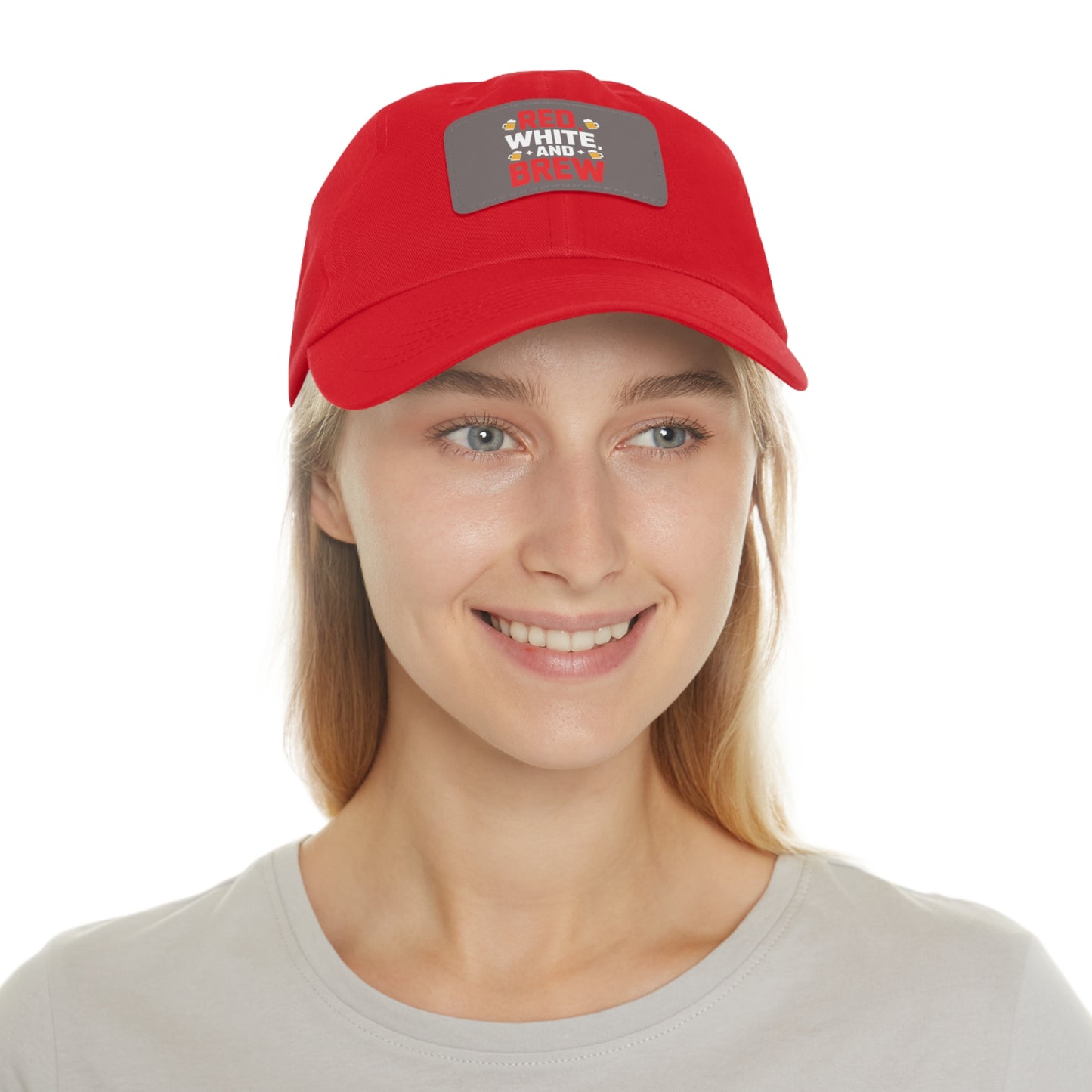 Red White and Brew Dad Hat with Leather Patch - Perfect for Beer Lovers