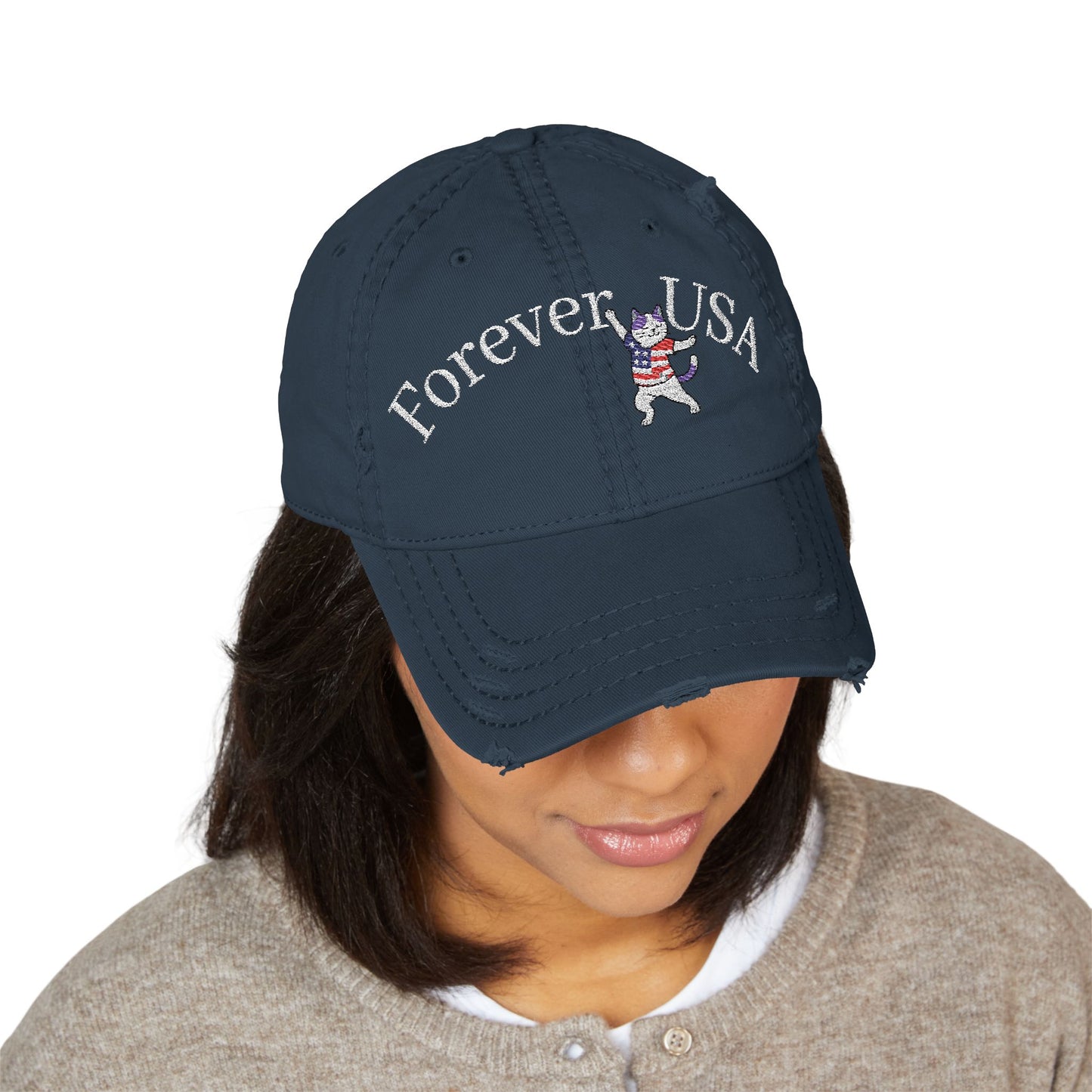 4th of July Embroidery Hat Distressed Cat Dad Hat - Forever USA, Vintage Adjustable Cap for Pet Lovers, Casual Outdoor Wear, Gift for Father's Day, Independence Day