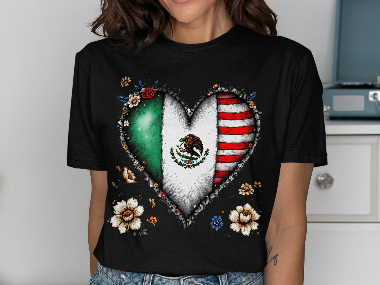Heart Shaped Mexican and American Flag T-shirt product