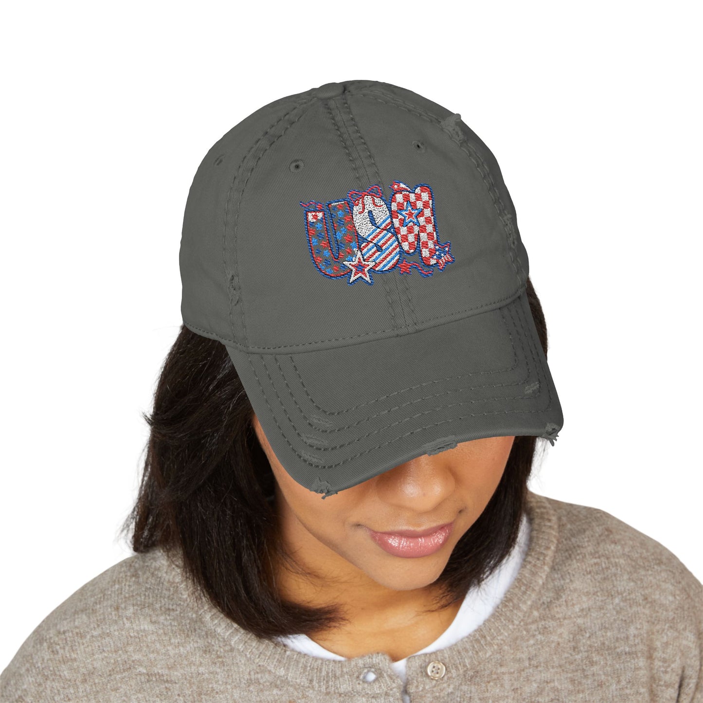4th of July Hat Distressed Cat Dad Hat with Embroidery | Casual Fashion, Gifts for Cat Lovers, Outdoor Style, Father's Day, Everyday Wear