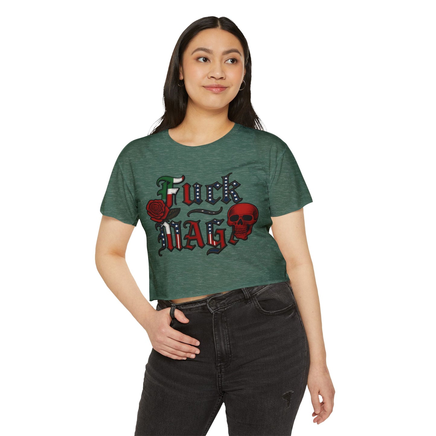 Crop Top Anti Trump FDT - Women's Festival Crop Top with Skull and Rose Design, Edgy Crop Tee, Summer Fest Outfit, Alternative Style Top, Concert Attire
