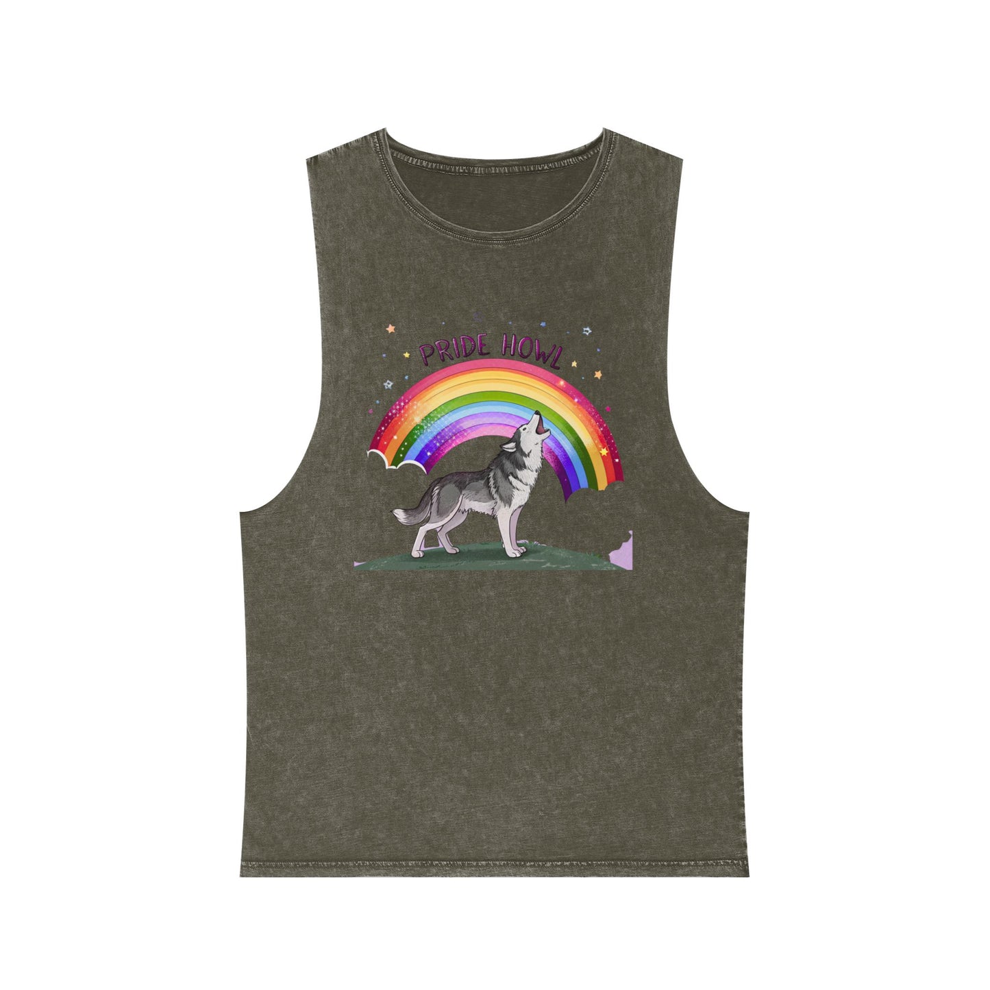 Pride Howl Unisex Stonewash Tank Top - Rainbow Husky Design