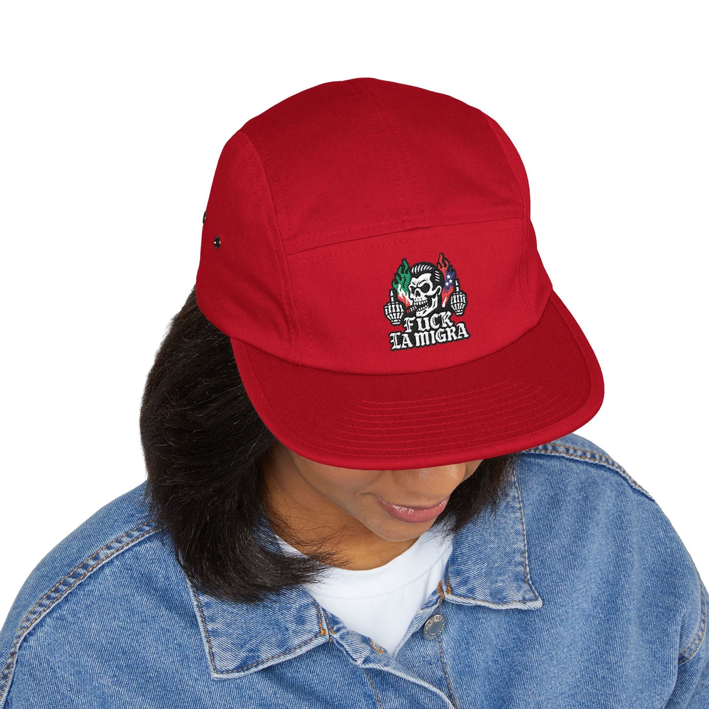Fuck La Migra Hat Embroidered 5-Panel Cap — Skull with Mexican Flag Accent (Explicit Text)
