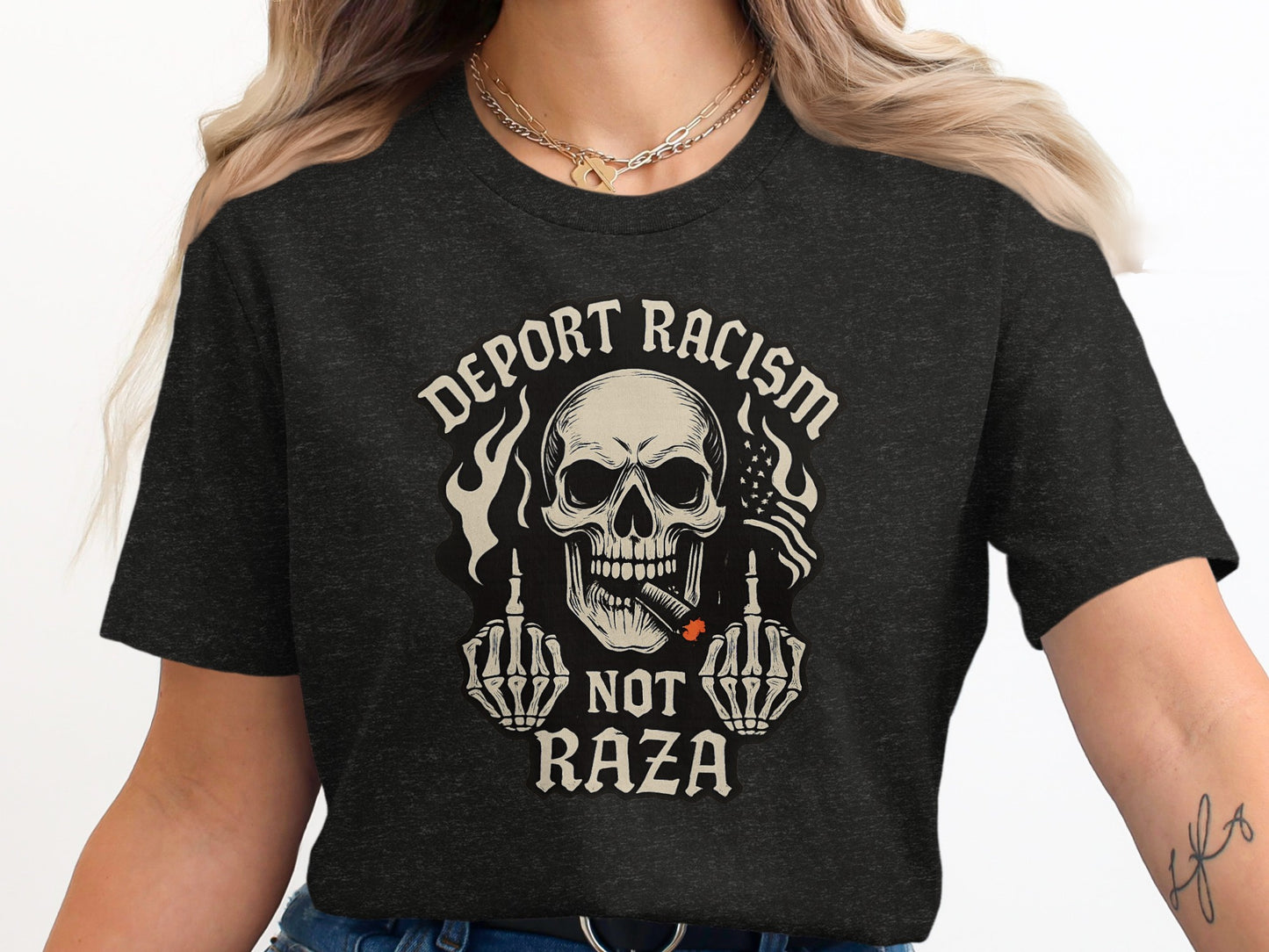 Deport Racism Not Raza Graphic Black T-Shirt product