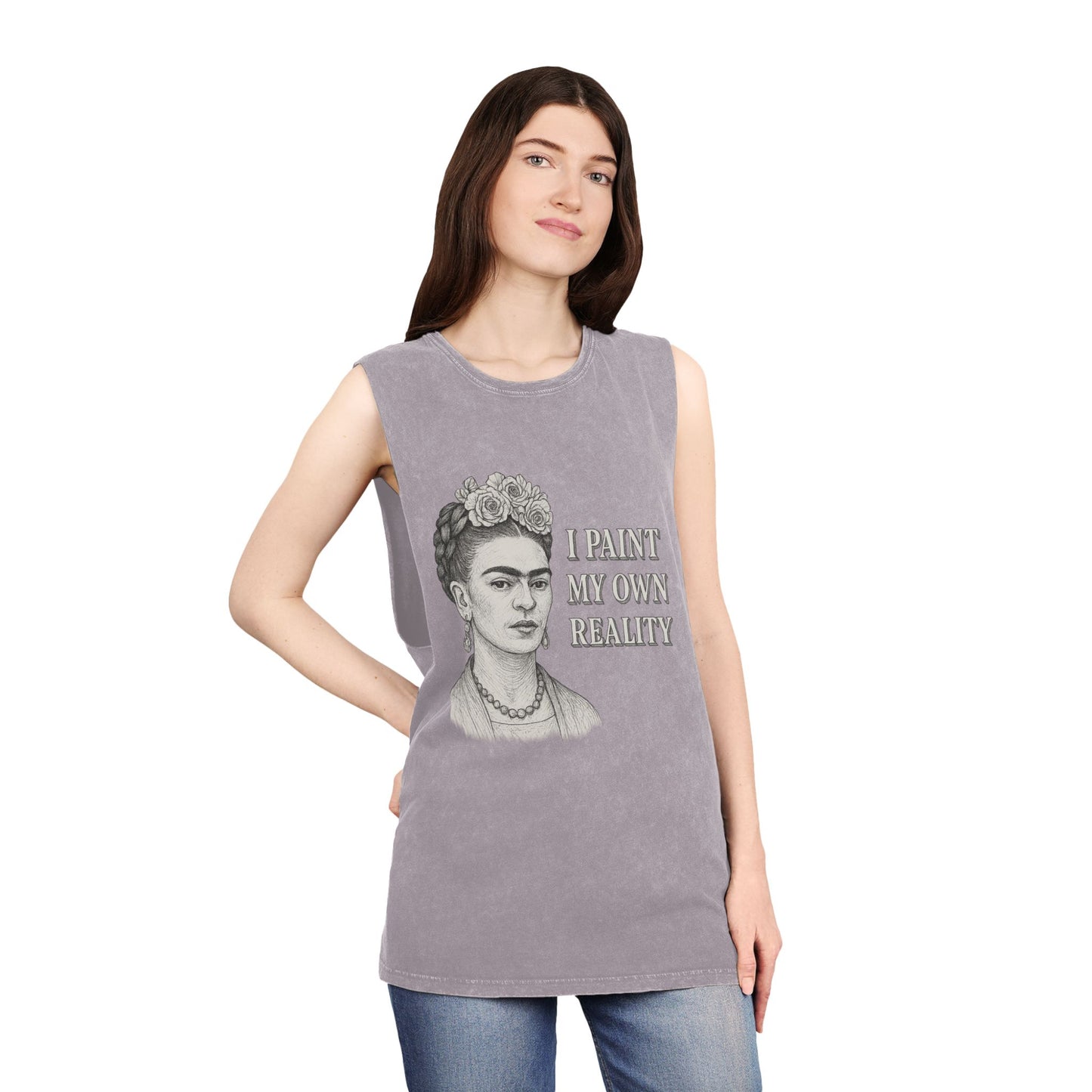 Frida Kahlo Inspirational Stonewash Tank Top, Unisex Graphic Muscle Shirt, Art Lover Gift, Bohemian Summer Top, Creative Reality Apparel