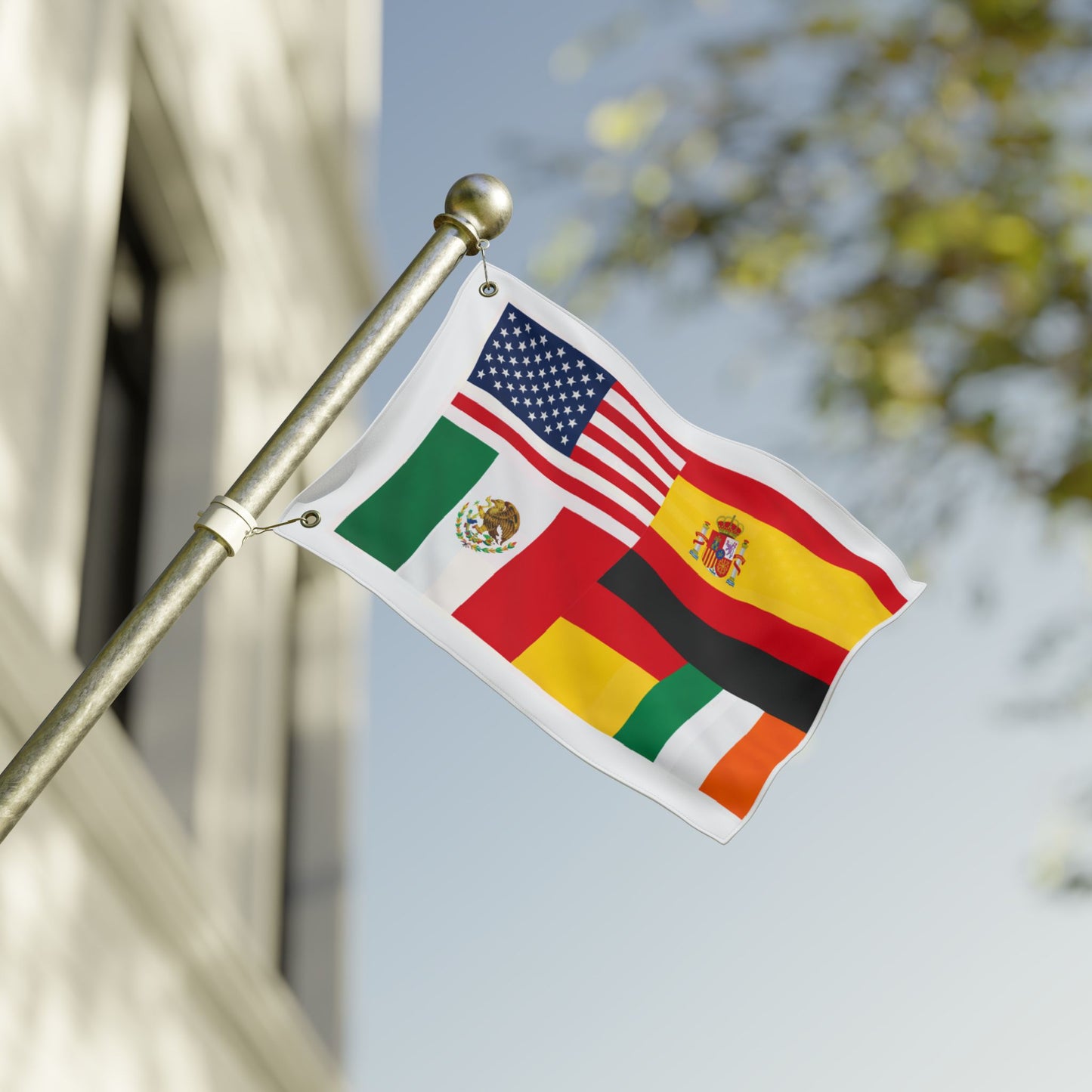 Multinational Flags Double-Sided Outdoor Flag — USA, Spain, Mexico, Germany & Ireland
