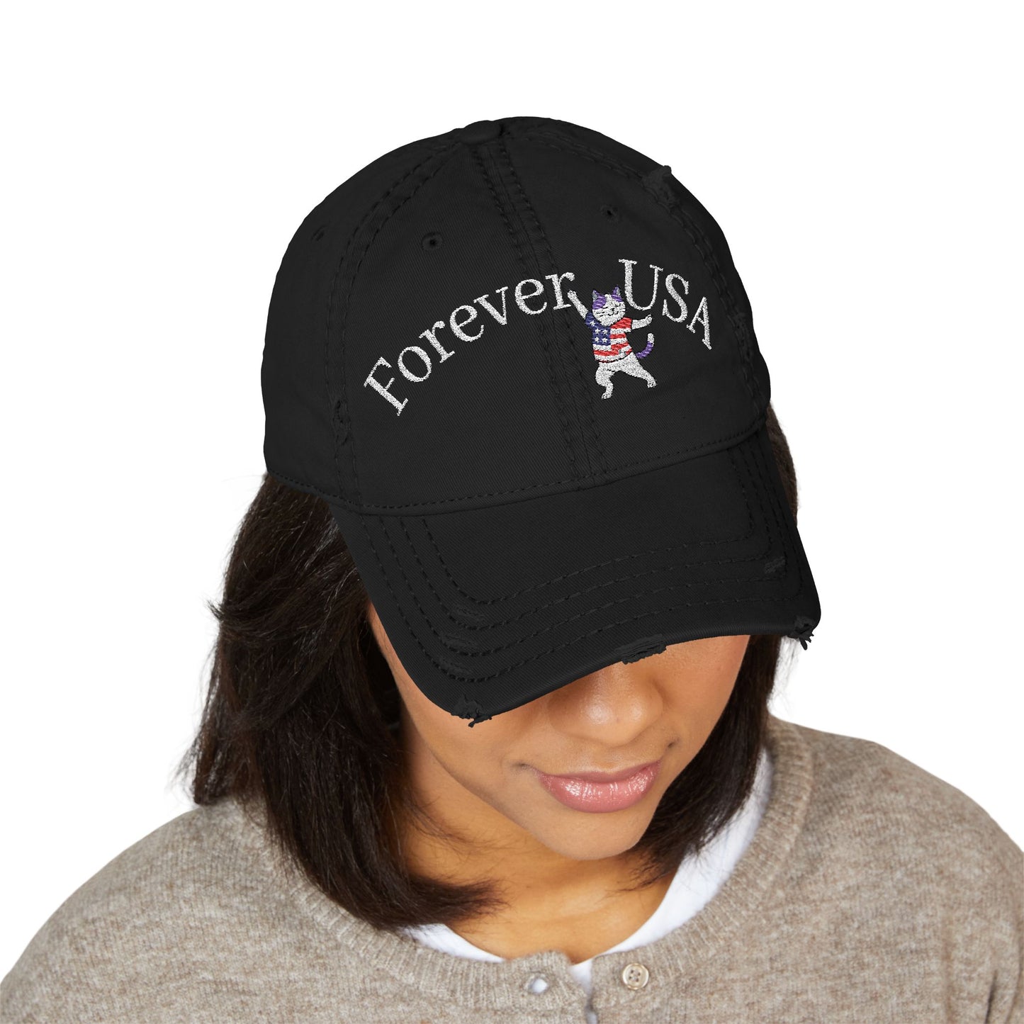 4th of July Embroidery Hat Distressed Cat Dad Hat - Forever USA, Vintage Adjustable Cap for Pet Lovers, Casual Outdoor Wear, Gift for Father's Day, Independence Day