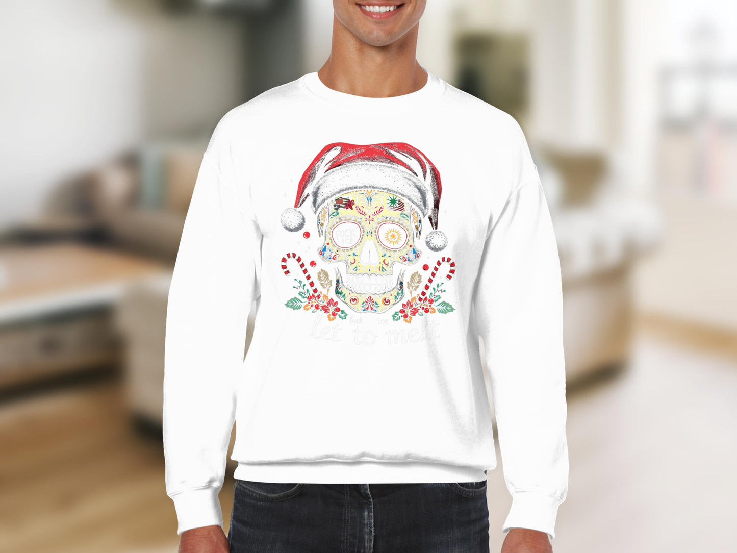 Christmas Skull Santa Hat Candy Cane Sweatshirt