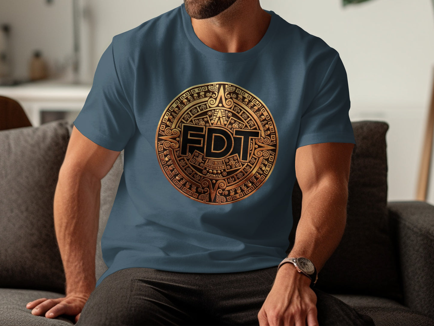 Aztec Inspired Gold Design FDT Blue T-shirt product