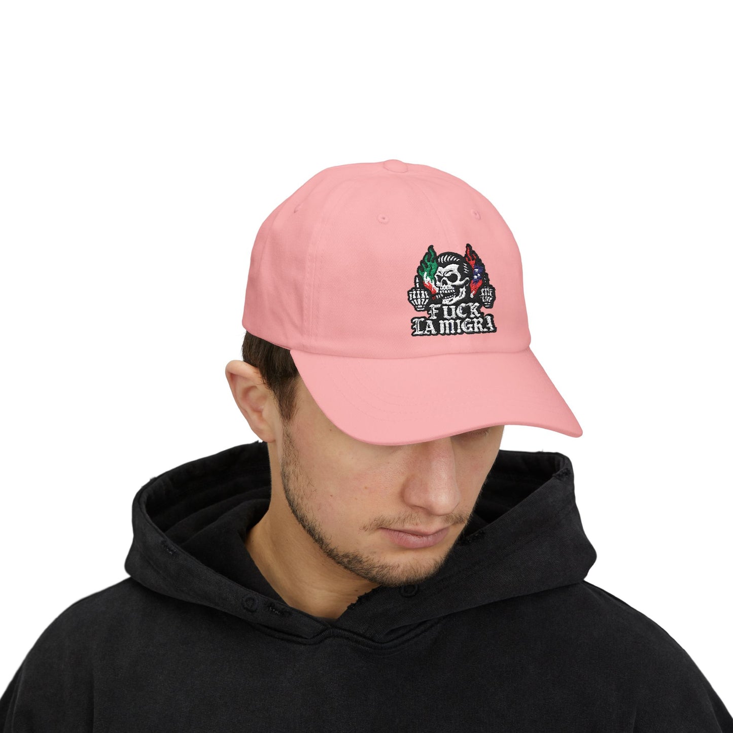 Fuck La Migra Anti Trump Embroidered Hat, FDT, Chinga Tu Maga Classic Dad Cap with Skull Design, Adjustable Hat for Casual Wear, Unique Gift for Dads, Birthday, or Holiday Use