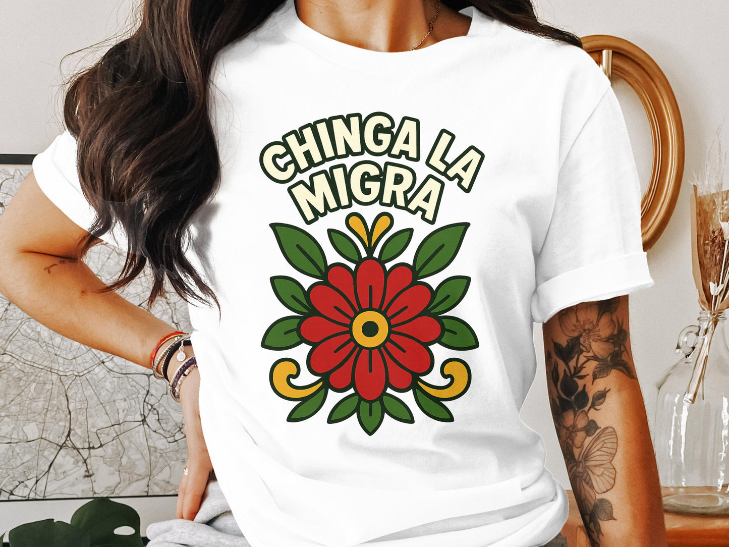 Chinga La Migra Floral Funny Graphic T-shirt product