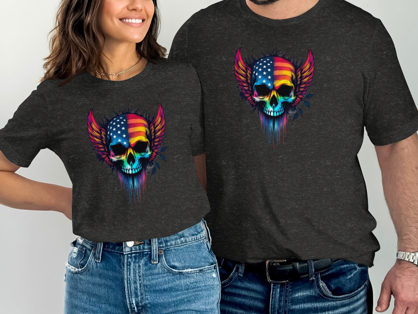 Colorful Skull with USA Flag Graphic T-Shirt product type