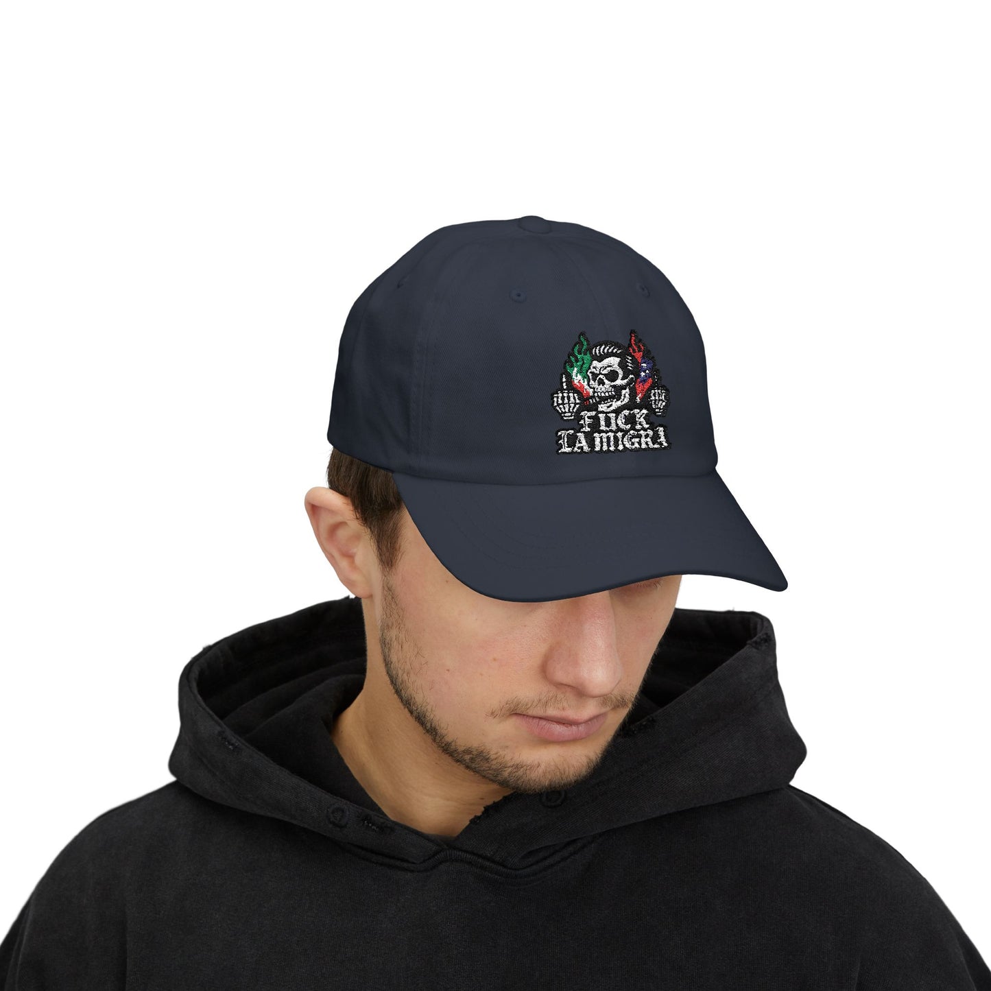 Fuck La Migra Anti Trump Embroidered Hat, FDT, Chinga Tu Maga Classic Dad Cap with Skull Design, Adjustable Hat for Casual Wear, Unique Gift for Dads, Birthday, or Holiday Use