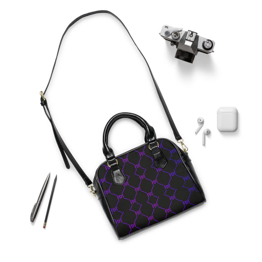 Black & Purple Monogram Shoulder Handbag — Geometric Pattern Purse