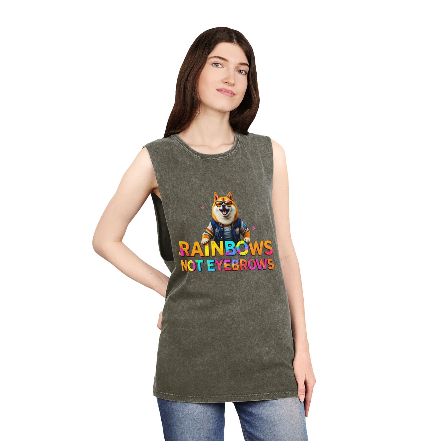 Unisex Stonewash Tank Top - 'Rainbows Not Eyebrows' Graphic Tee