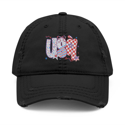 4th of July Hat Distressed Cat Dad Hat with Embroidery | Casual Fashion, Gifts for Cat Lovers, Outdoor Style, Father's Day, Everyday Wear