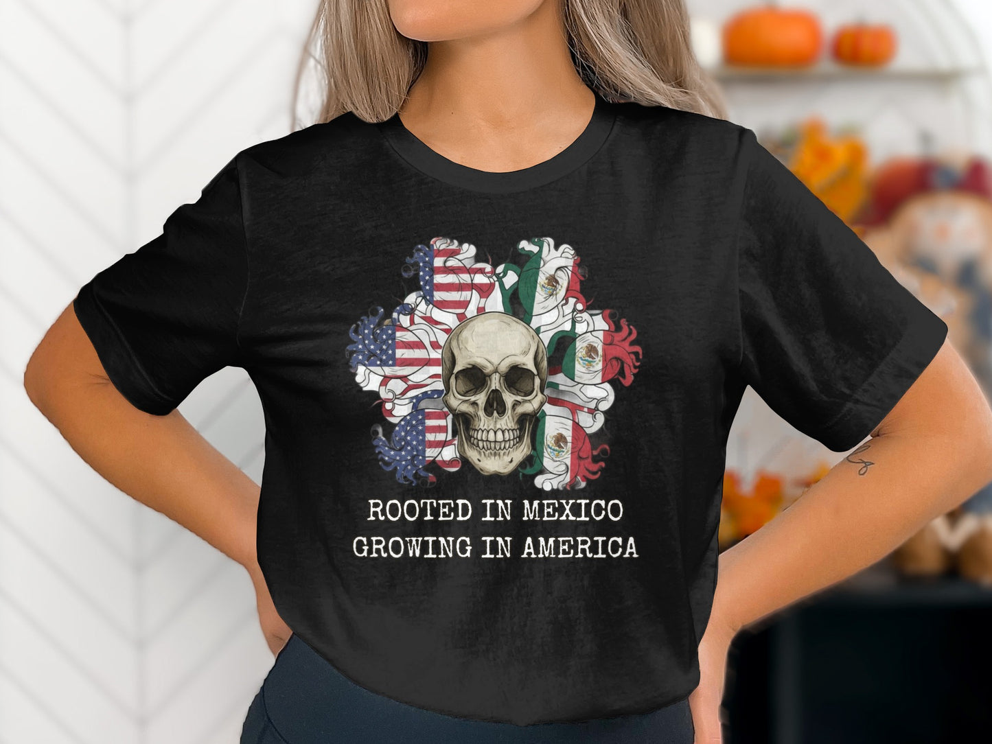 Rooted in Mexico Growing in America Skull T-shirt