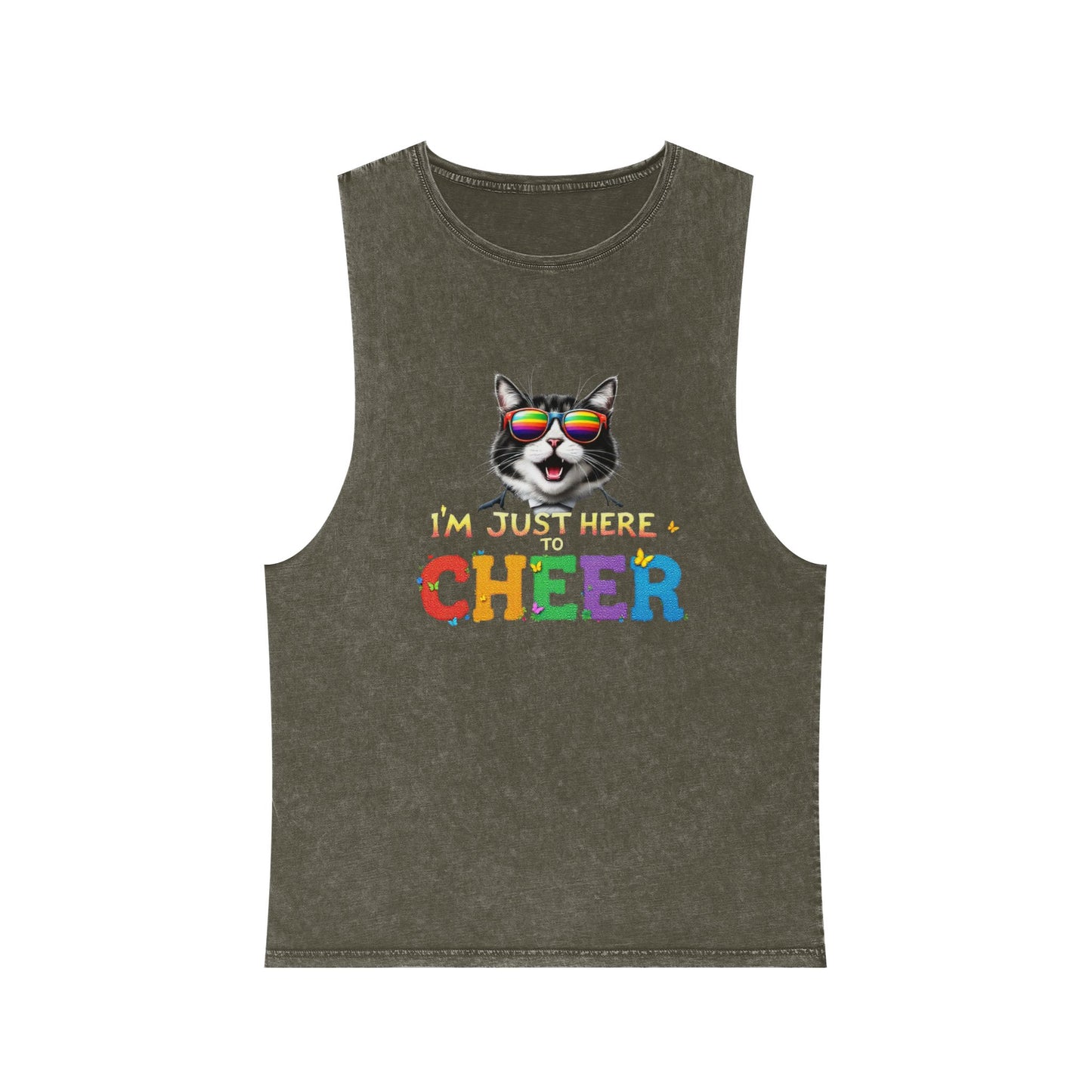 Unisex Stonewash Tank Top - Cheerful Cat Graphic Tee, Summer Fashion, Casual Wear, Gift for Cat Lovers, Fun & Unique Tank