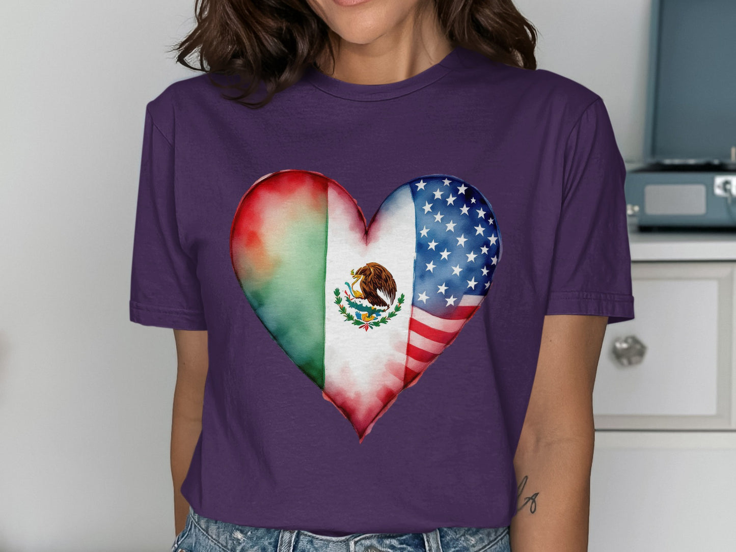Mexican and American Heart Flag T-Shirt Colorful product type