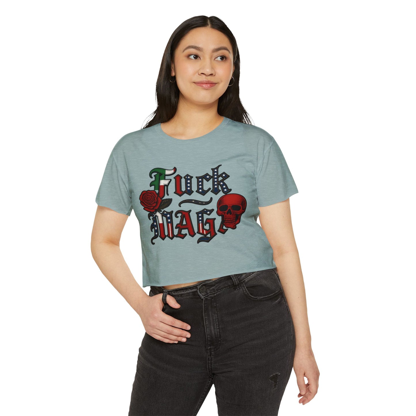 Crop Top Anti Trump FDT - Women's Festival Crop Top with Skull and Rose Design, Edgy Crop Tee, Summer Fest Outfit, Alternative Style Top, Concert Attire