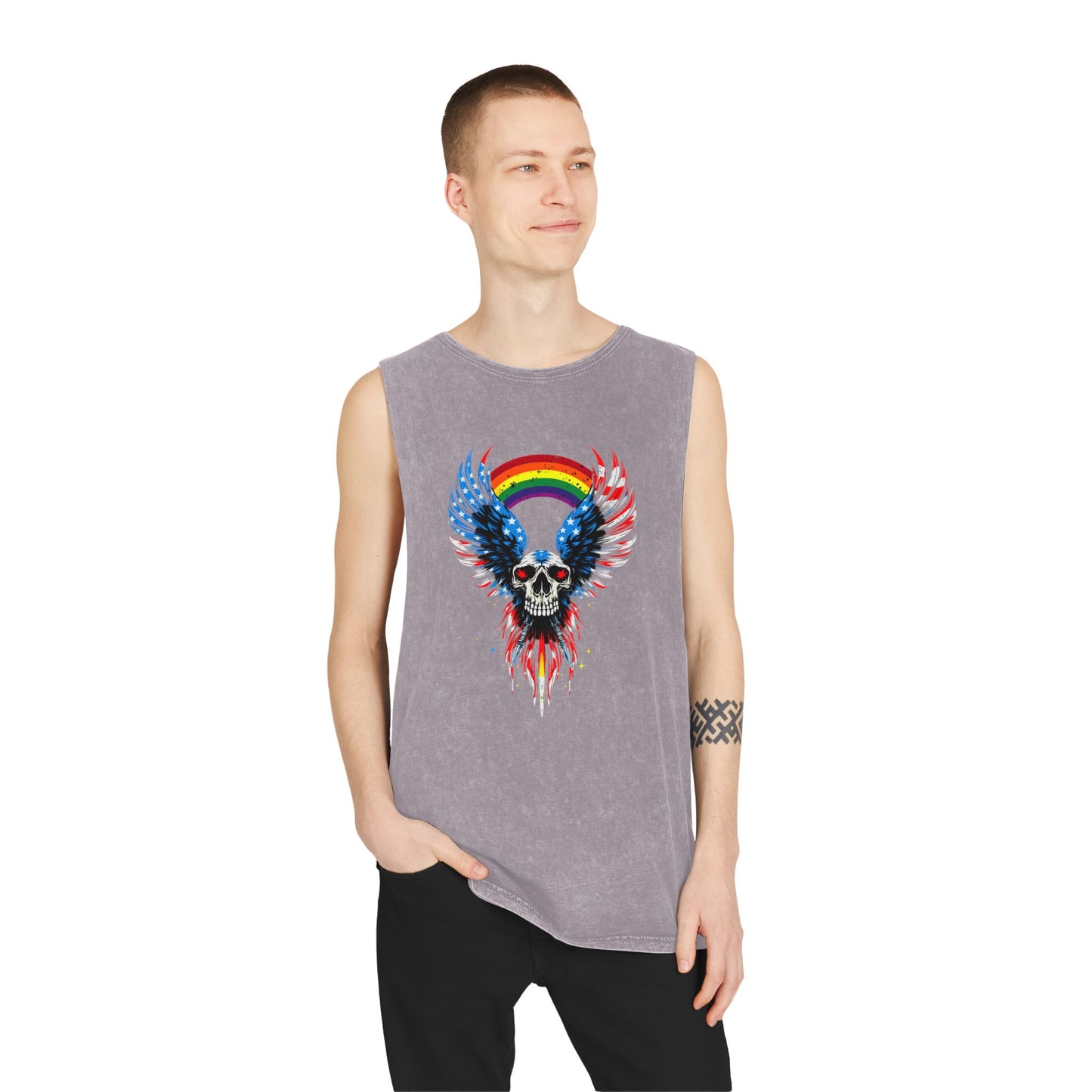 Pride Tank Top Unisex Skull & Wings Stonewash Tank Top | Grunge Style, Summer Essential, Music Festival, Casual Wear, Gift for Him/Her
