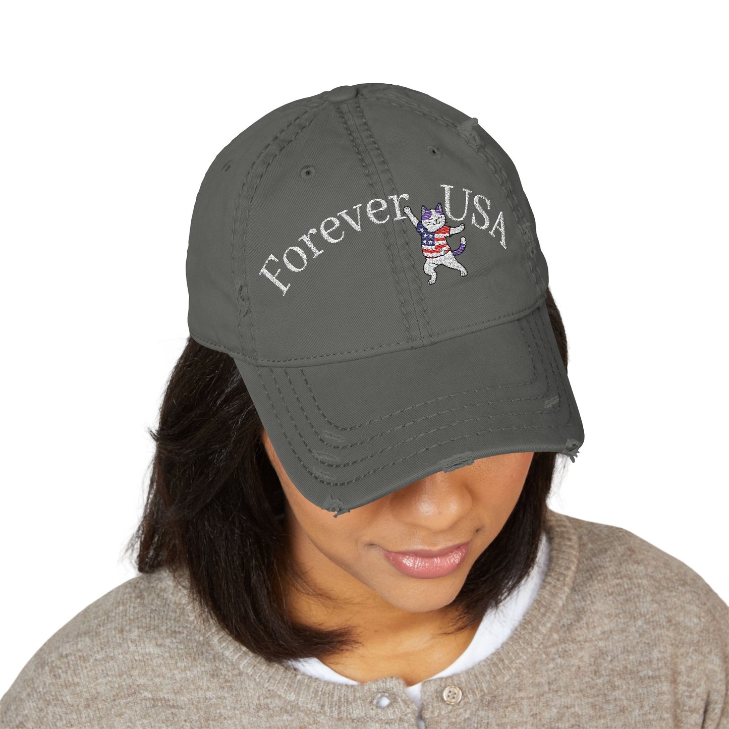 4th of July Embroidery Hat Distressed Cat Dad Hat - Forever USA, Vintage Adjustable Cap for Pet Lovers, Casual Outdoor Wear, Gift for Father's Day, Independence Day