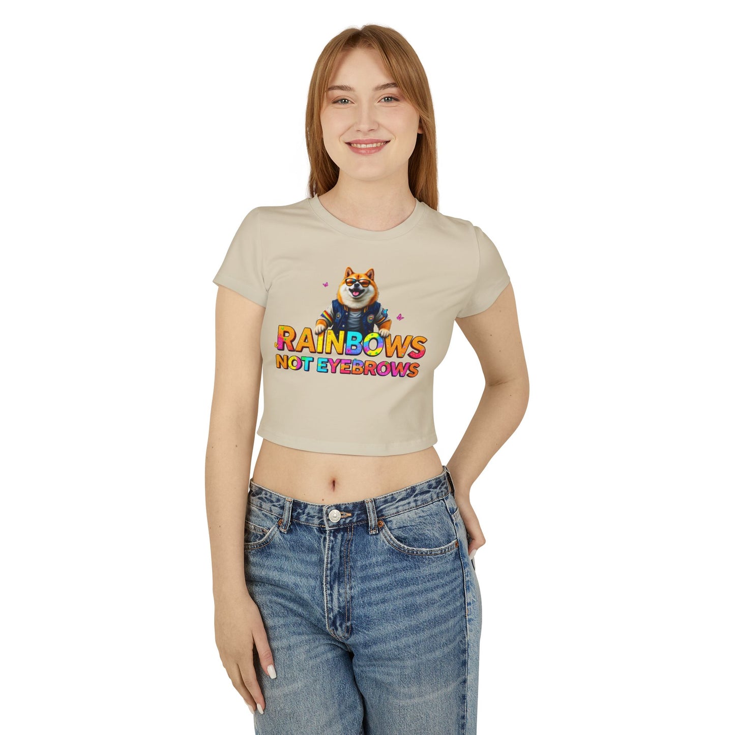 Funny Rainbow Corgi Women's Baby Tee - "Rainbows Not Eyebrows"