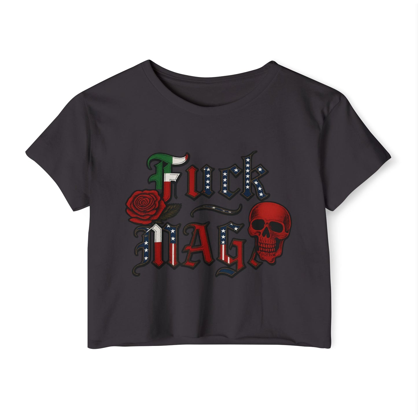 Crop Top Anti Trump FDT - Women's Festival Crop Top with Skull and Rose Design, Edgy Crop Tee, Summer Fest Outfit, Alternative Style Top, Concert Attire