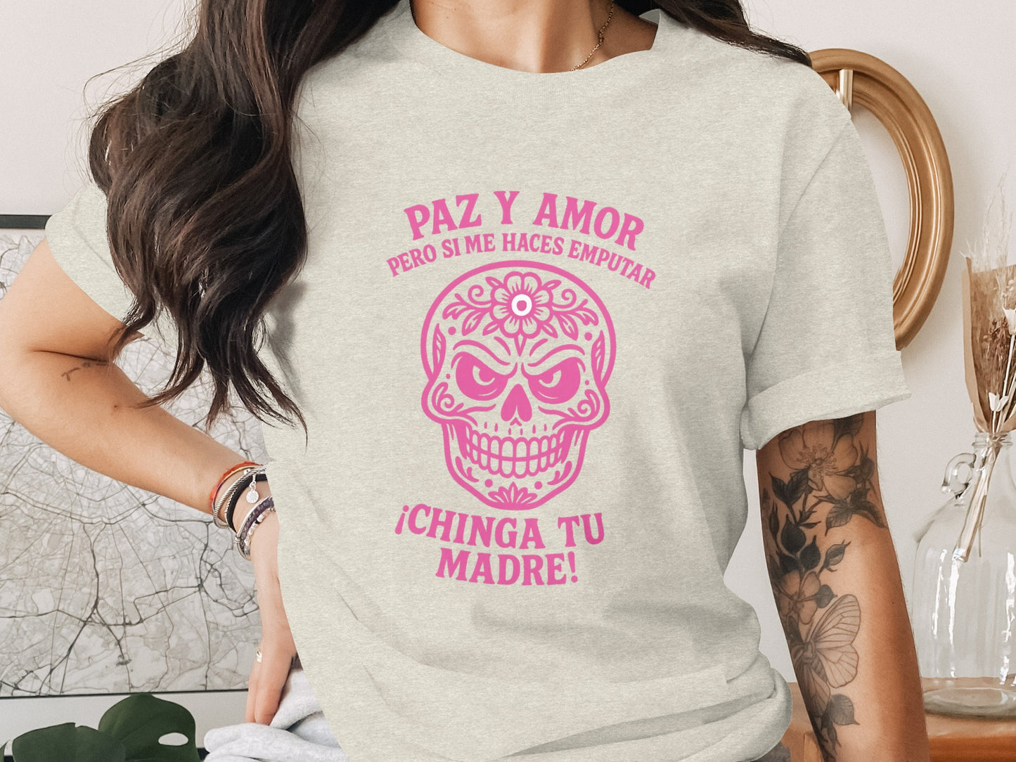 Paz y Amor Skull Graphic Tee Stylish Fashion Product